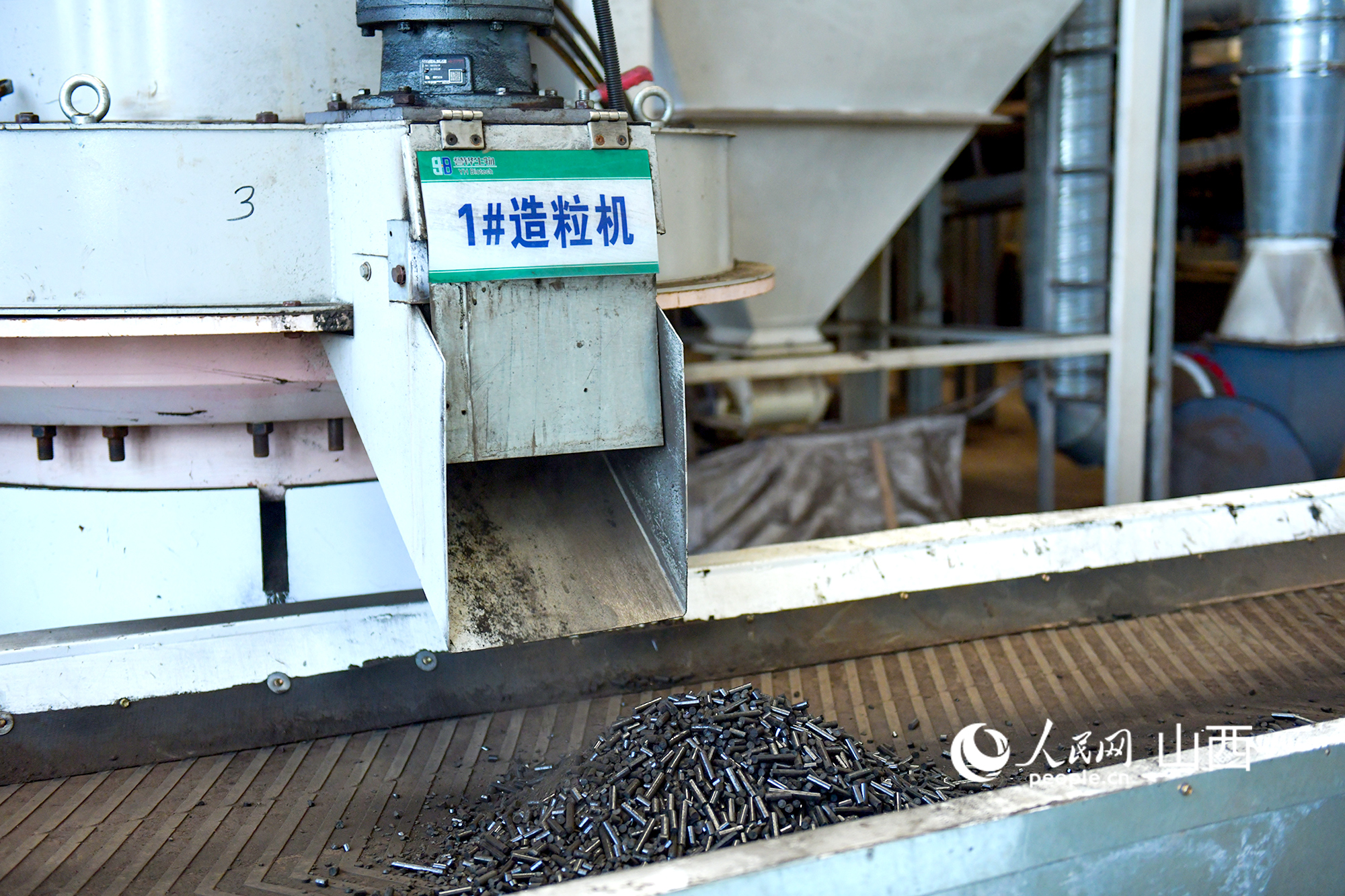 生产线上的颗粒状生物质燃料产品。人民网记者 焦搏文摄